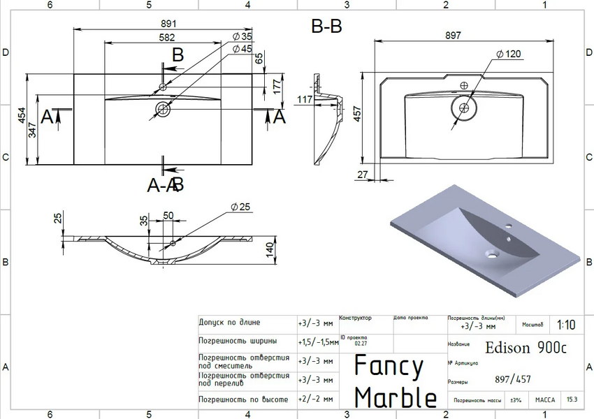 Раковина Fancy Marble Edison 900 білий глянець 11690101 фото